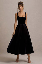 francisca | black velvet strappy volume-hem midi dress