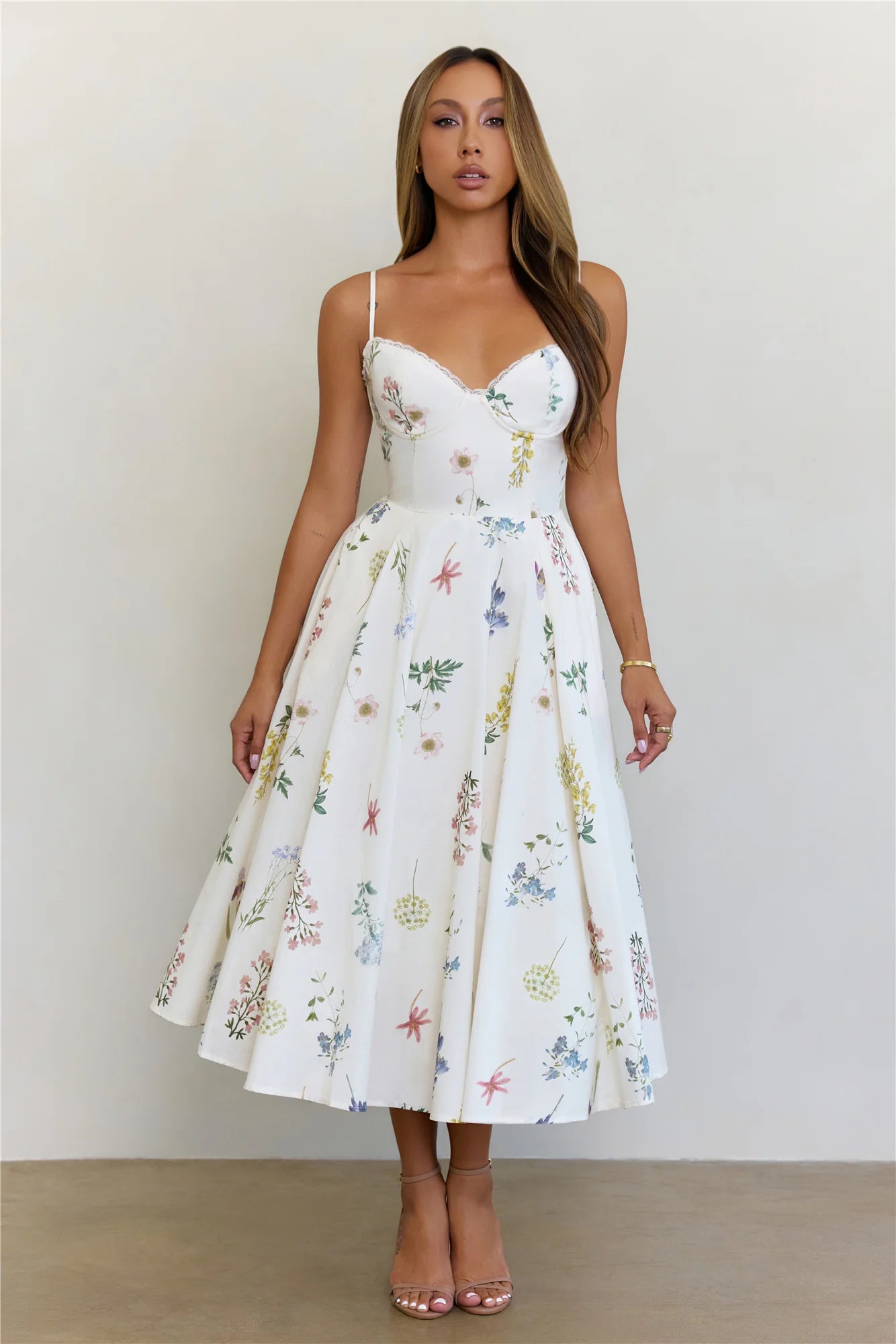 In Full Bloom Floral Corset Midi Dress White