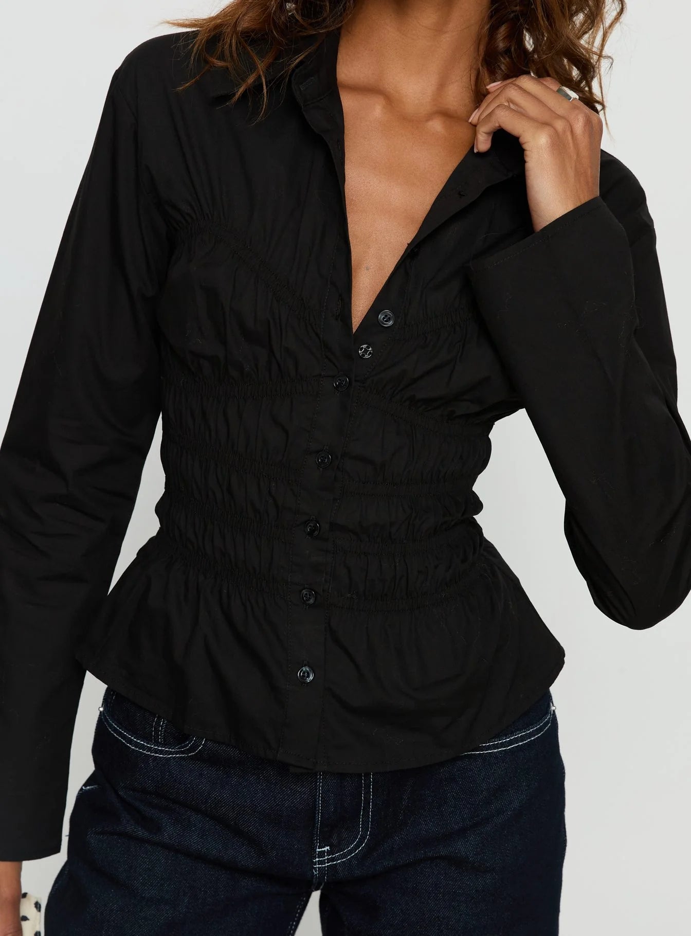 Liesel Shirred Long Sleeve Top Black