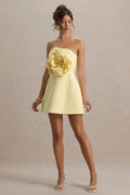 daffodil | lemon bandeau mini dress with large floral corsage