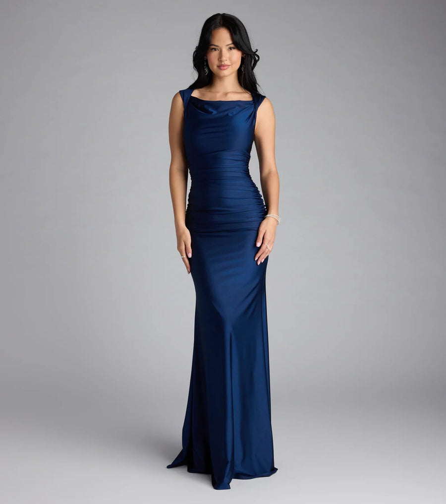 blanca boat neck mermaid formal dress